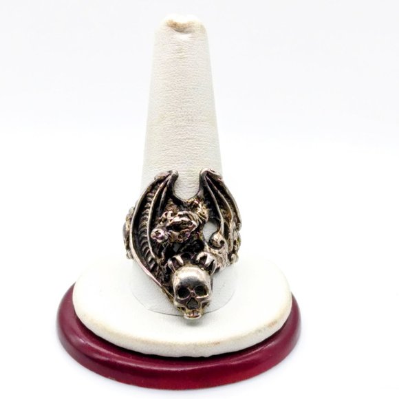 Vintage Biker Ring with Dragon and Skulls, Retro Gothic Silver Tone - Picture 1 of 7